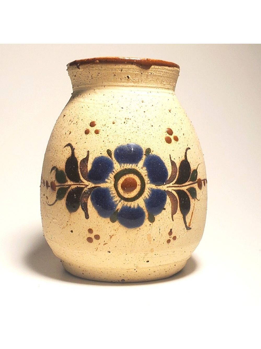 VINTAGE Tonala Vase from Mexico Hand-Painted Floral Motif Folk Art Sandstone EUC